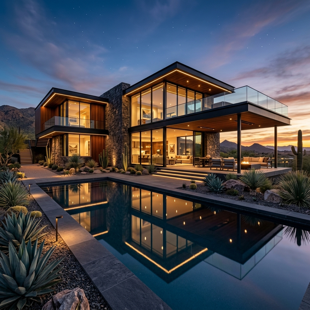 Contemporary luxury glass villa at dusk with warm architectural lighting and reflection pool