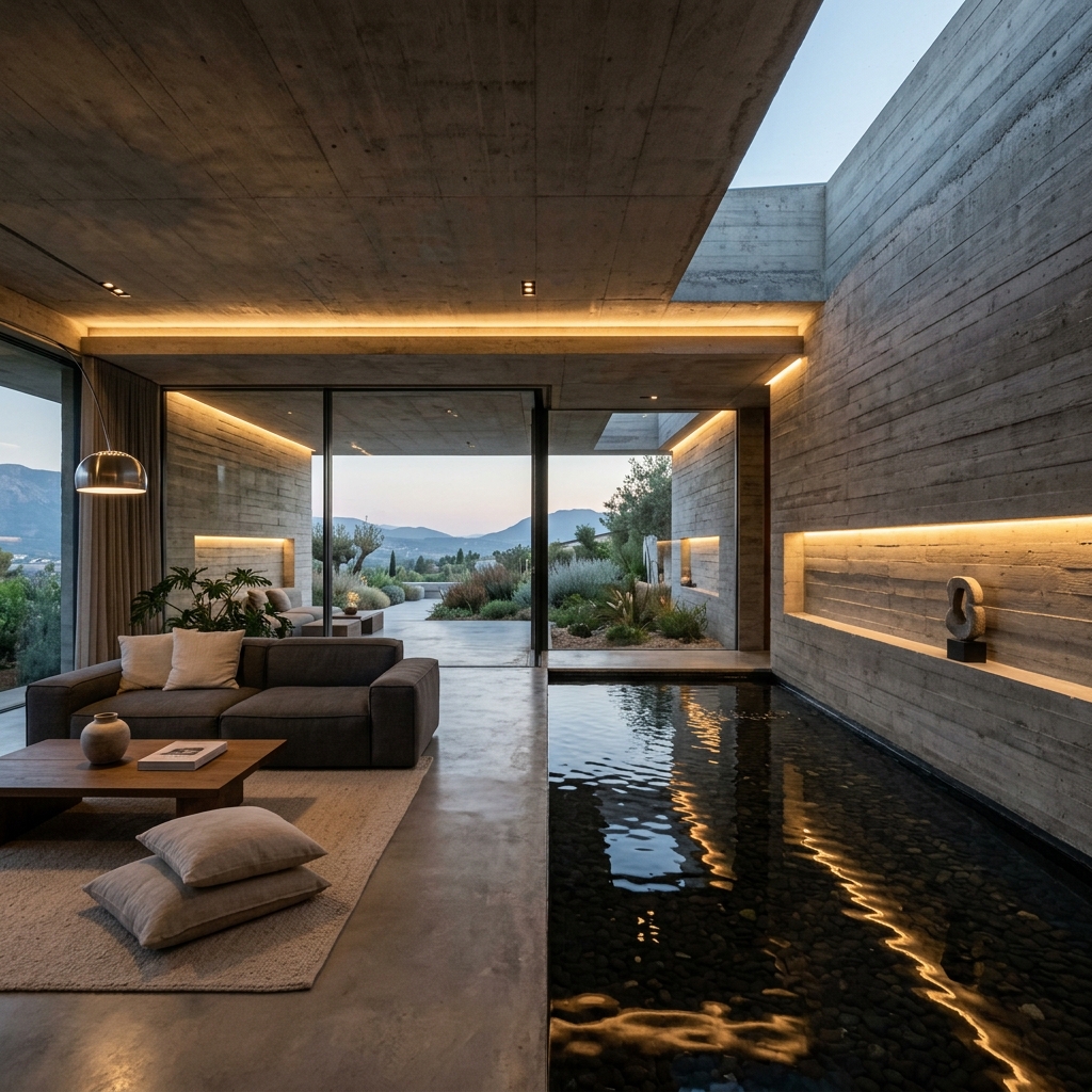 The Concrete Pavilion by SYIO. Minimalist raw concrete villa living room with custom warm strip lighting highlights.