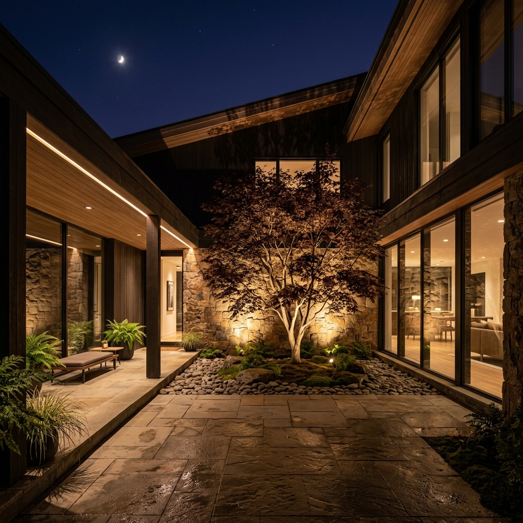 The Courtyard Residence by SYIO. Luxury stone courtyard villa with lit maple tree.