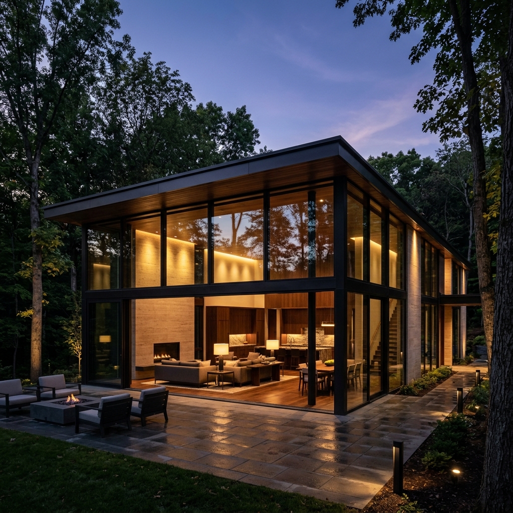 The Glass House by SYIO. Modern travertine stone and glass pavilion residence.